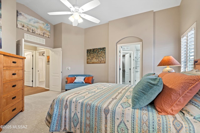 bedroom with light colored carpet and ceiling fan