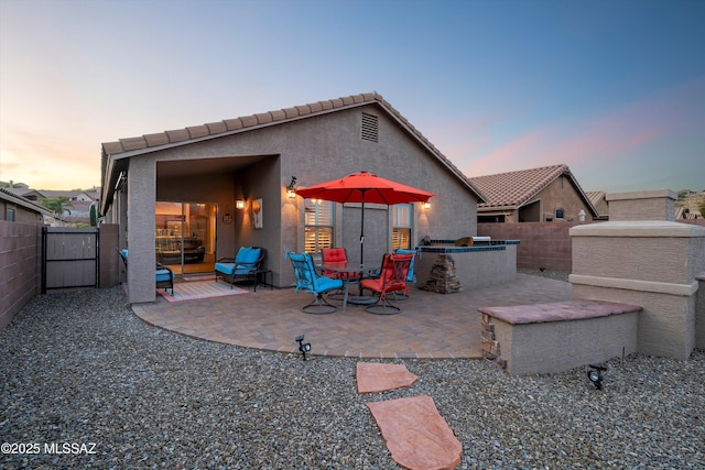 back house at dusk with a patio and exterior kitchen