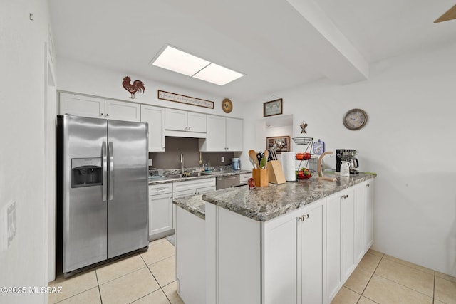 kitchen featuring sink, dark stone countertops, white cabinetry, kitchen peninsula, and stainless steel appliances