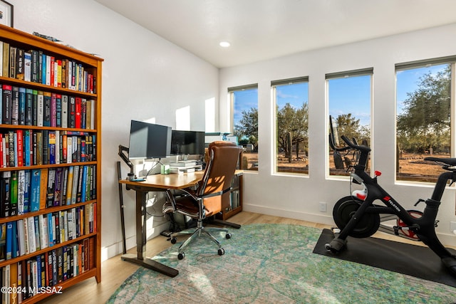 office area with light hardwood / wood-style floors