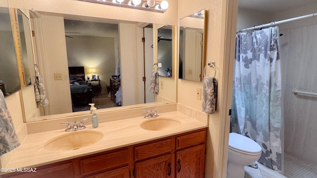bathroom featuring curtained shower, ensuite bath, a sink, and toilet