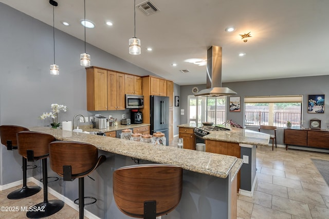 kitchen with stainless steel appliances, island exhaust hood, a breakfast bar area, and kitchen peninsula