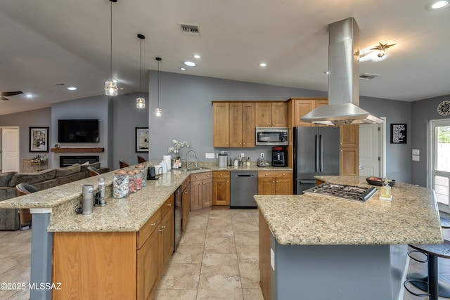 kitchen featuring appliances with stainless steel finishes, vaulted ceiling, island range hood, and kitchen peninsula