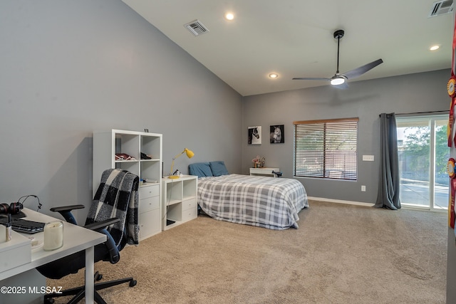 bedroom featuring access to exterior, ceiling fan, vaulted ceiling, and carpet floors