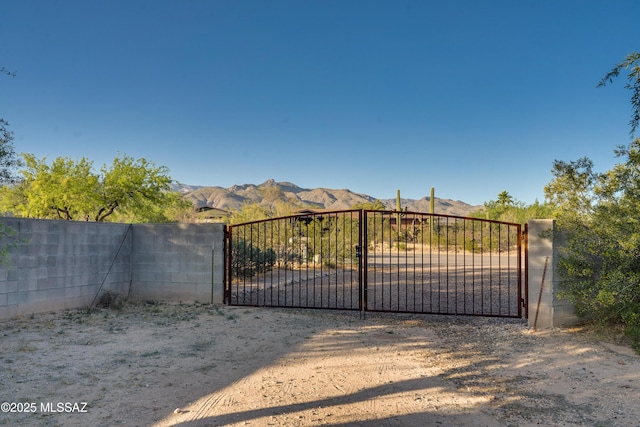 view of gate with a mountain view