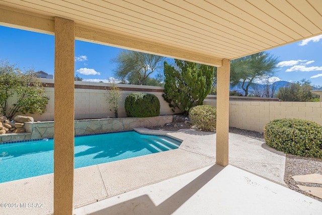 view of pool featuring a fenced in pool, a fenced backyard, and a patio area