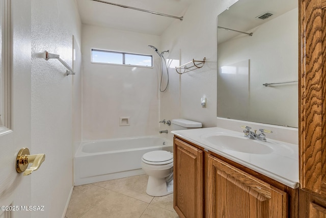 full bath with vanity, visible vents, bathtub / shower combination, tile patterned flooring, and toilet