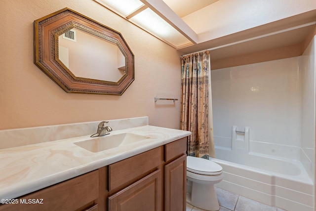 full bathroom with vanity, toilet, shower / bath combination with curtain, and tile patterned floors