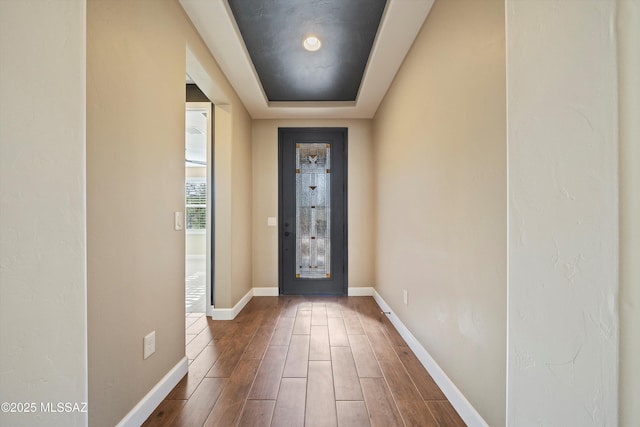 entryway featuring a tray ceiling, wood finished floors, and baseboards