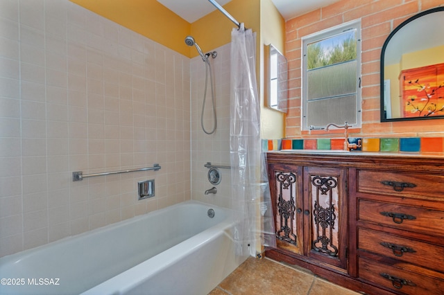 bathroom with vanity, tile patterned flooring, and shower / bath combo with shower curtain