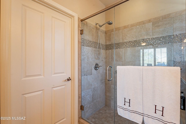 bathroom featuring a shower with door