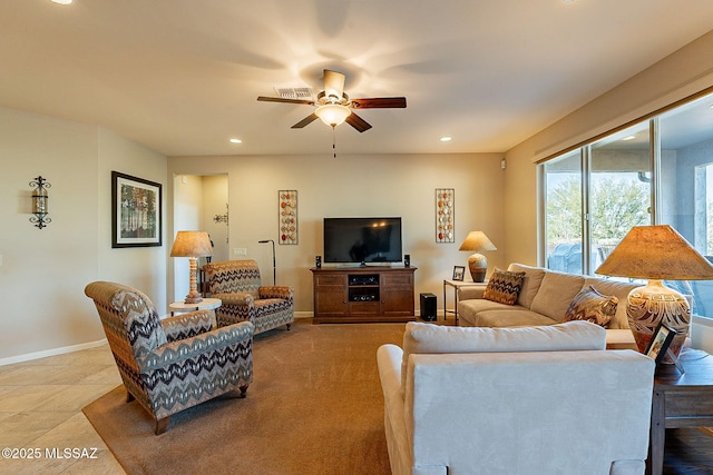 living room with ceiling fan