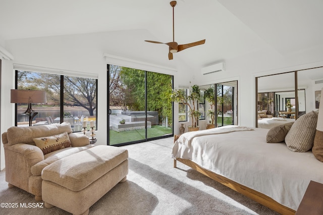 bedroom with access to outside, a wall unit AC, ceiling fan, high vaulted ceiling, and carpet floors