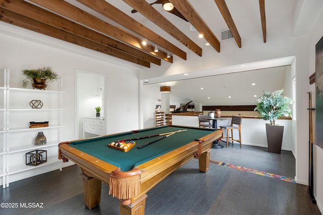 recreation room with dark hardwood / wood-style floors, beam ceiling, and billiards