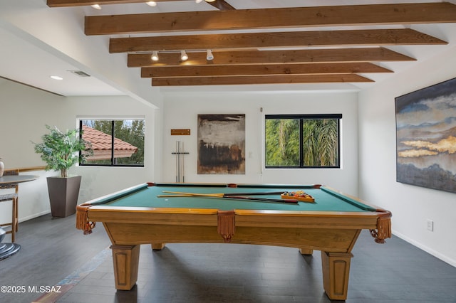 playroom featuring beamed ceiling, dark hardwood / wood-style floors, and pool table