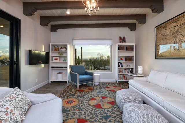 living room with beam ceiling, wood ceiling, and dark wood-type flooring