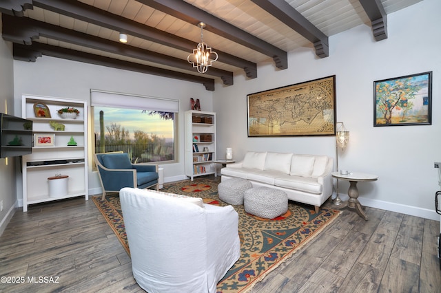 living room featuring beam ceiling, an inviting chandelier, wood ceiling, and wood-type flooring