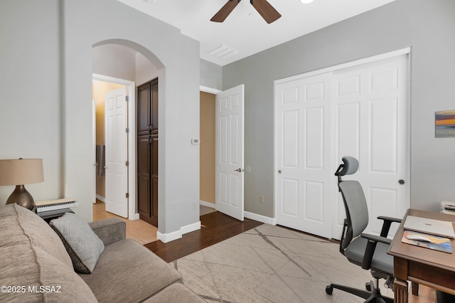 office featuring hardwood / wood-style flooring, ceiling fan, and baseboard heating