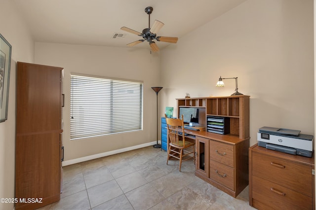 office with ceiling fan and vaulted ceiling