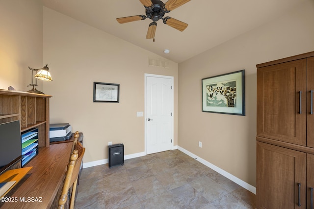 office space with ceiling fan and lofted ceiling