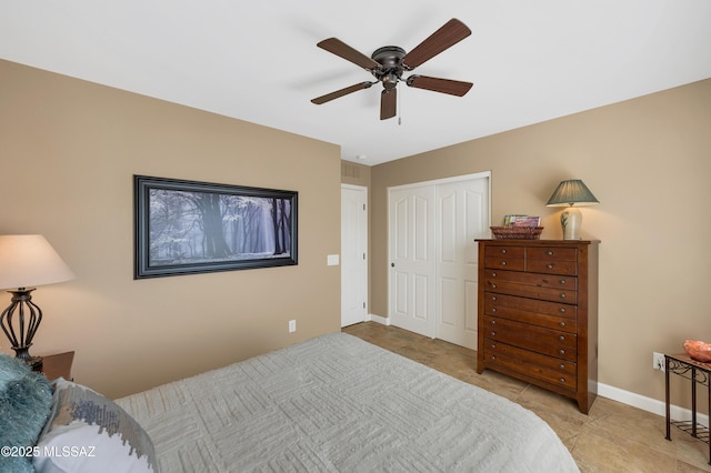 bedroom featuring ceiling fan and a closet