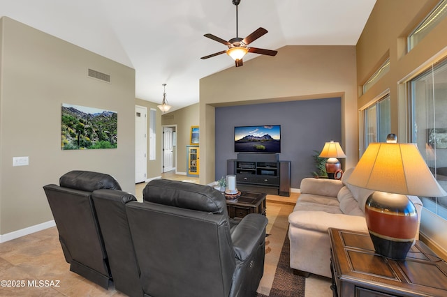 living room with ceiling fan and lofted ceiling