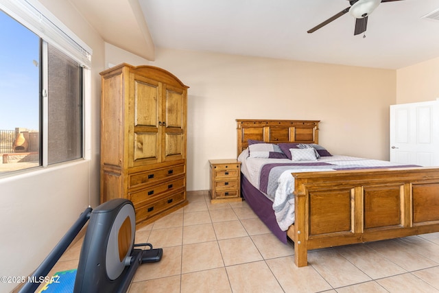 bedroom with light tile patterned floors and a ceiling fan