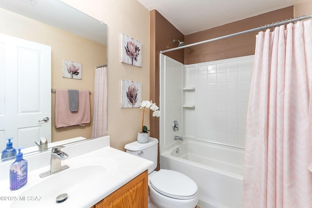 bathroom with toilet, shower / bath combo, and vanity