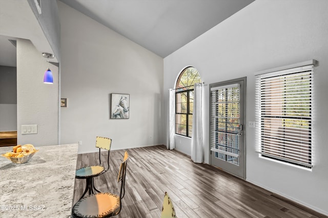 dining room featuring hardwood / wood-style floors and high vaulted ceiling