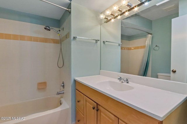 full bathroom featuring vanity, toilet, and shower / bathtub combination with curtain