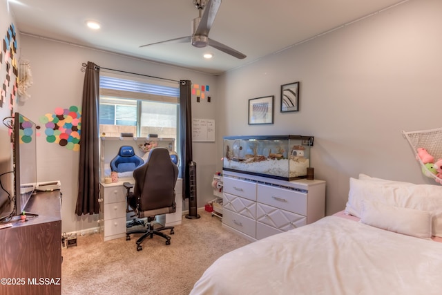 carpeted bedroom with ceiling fan