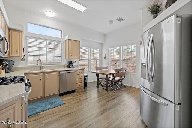 kitchen with light brown cabinetry, sink, appliances with stainless steel finishes, and light hardwood / wood-style flooring