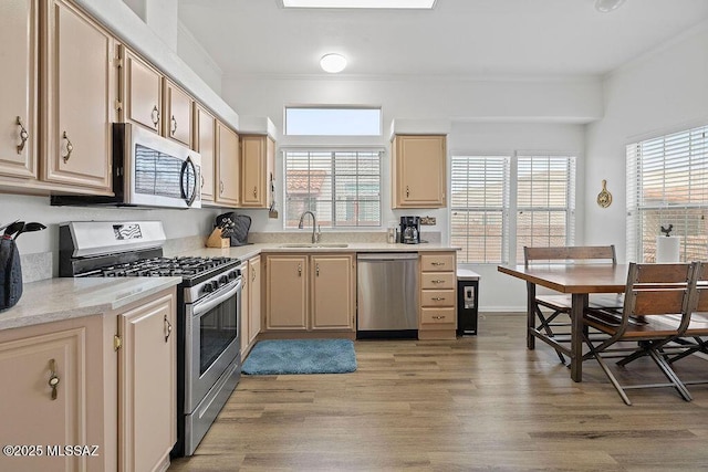 kitchen with appliances with stainless steel finishes, light hardwood / wood-style flooring, a wealth of natural light, and sink