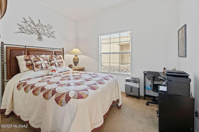 bedroom with carpet flooring and ornamental molding