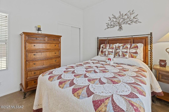 carpeted bedroom featuring a closet and crown molding