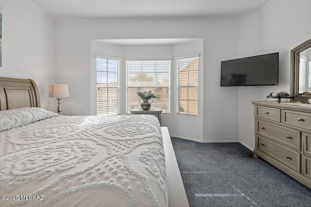 bedroom with dark colored carpet