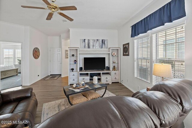 living room featuring ceiling fan and hardwood / wood-style flooring