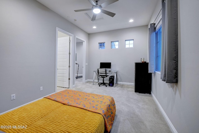 carpeted bedroom with ceiling fan