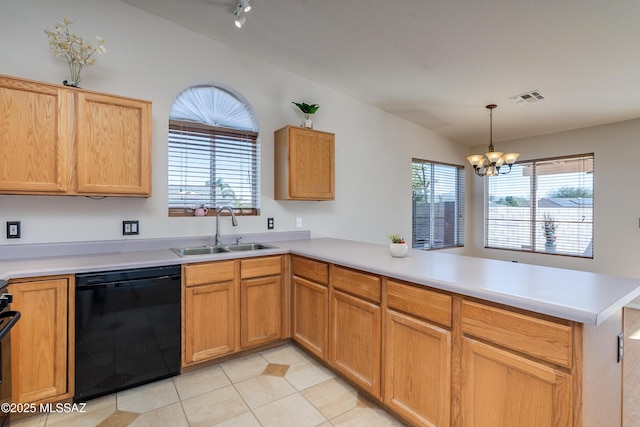 kitchen featuring dishwasher, kitchen peninsula, light tile patterned floors, a notable chandelier, and sink