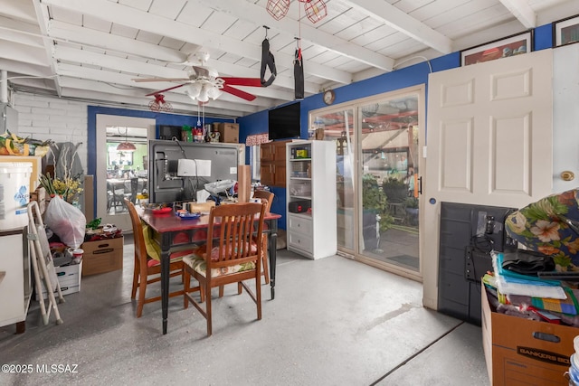 dining space with ceiling fan, wood ceiling, and beam ceiling