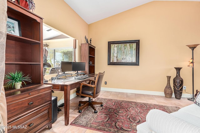 tiled home office with lofted ceiling