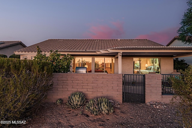 view of back house at dusk