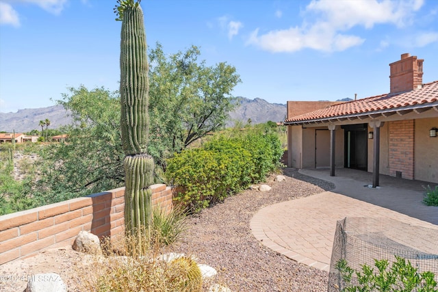 view of yard featuring a patio area and a mountain view