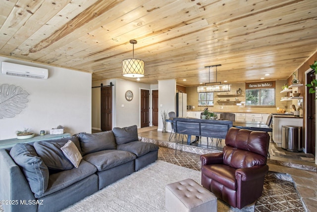 living room with wood ceiling, a barn door, and an AC wall unit