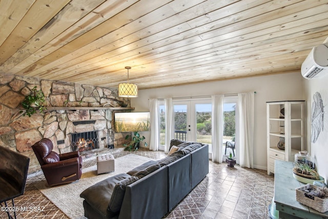 living area featuring wood ceiling, french doors, a wall unit AC, and a fireplace