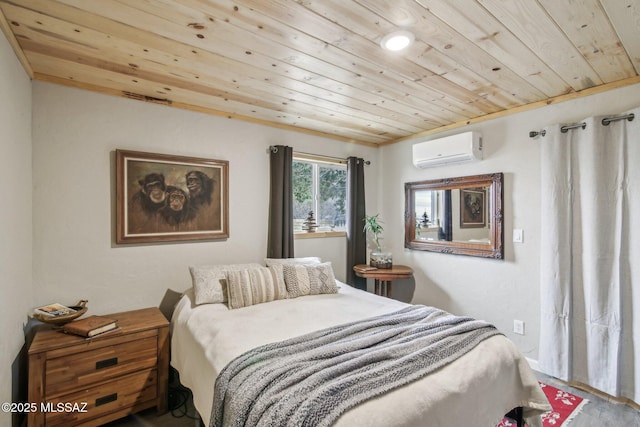 bedroom with wood ceiling and an AC wall unit