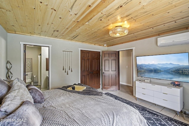 tiled bedroom featuring wooden ceiling, ensuite bathroom, and a wall mounted AC