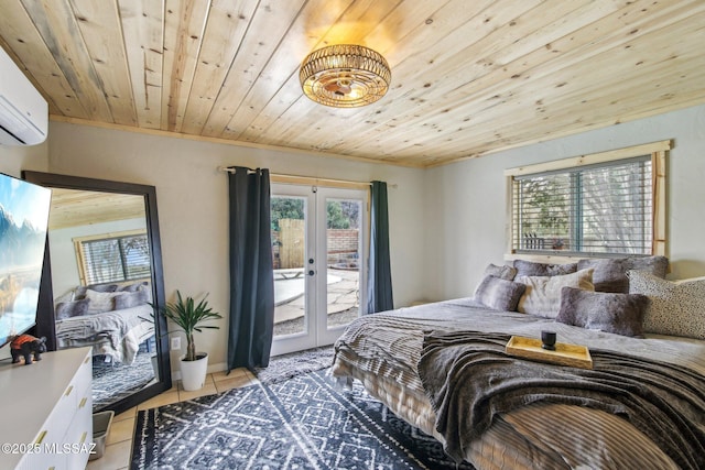 bedroom with light tile patterned floors, wooden ceiling, access to outside, french doors, and a wall mounted air conditioner