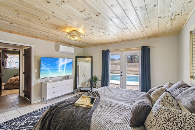 bedroom featuring access to exterior, french doors, a wall mounted AC, wooden ceiling, and tile patterned floors