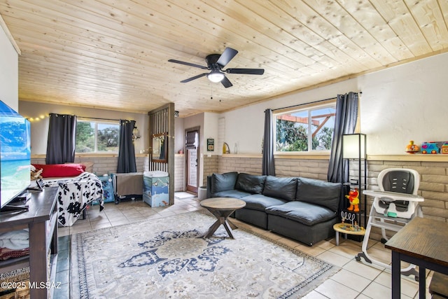 living area featuring wainscoting, wood ceiling, ceiling fan, and tile patterned floors